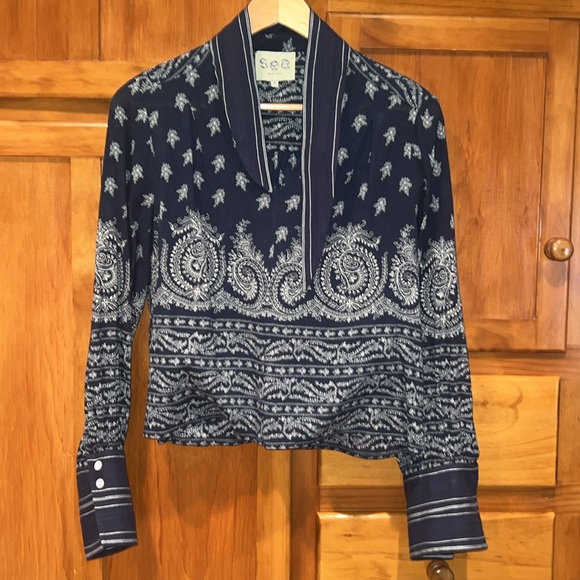 Sea New York Navy Paisley Bandana Print Long Sleeve Blouse Size 2 - Picture 4 of 6
